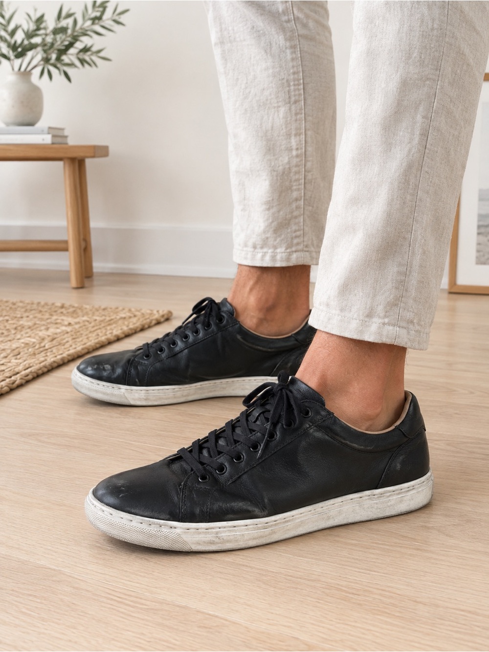 Men’s Black Leather Low Top Sneakers • Minimalist Lace-Up Casual Smart Casual